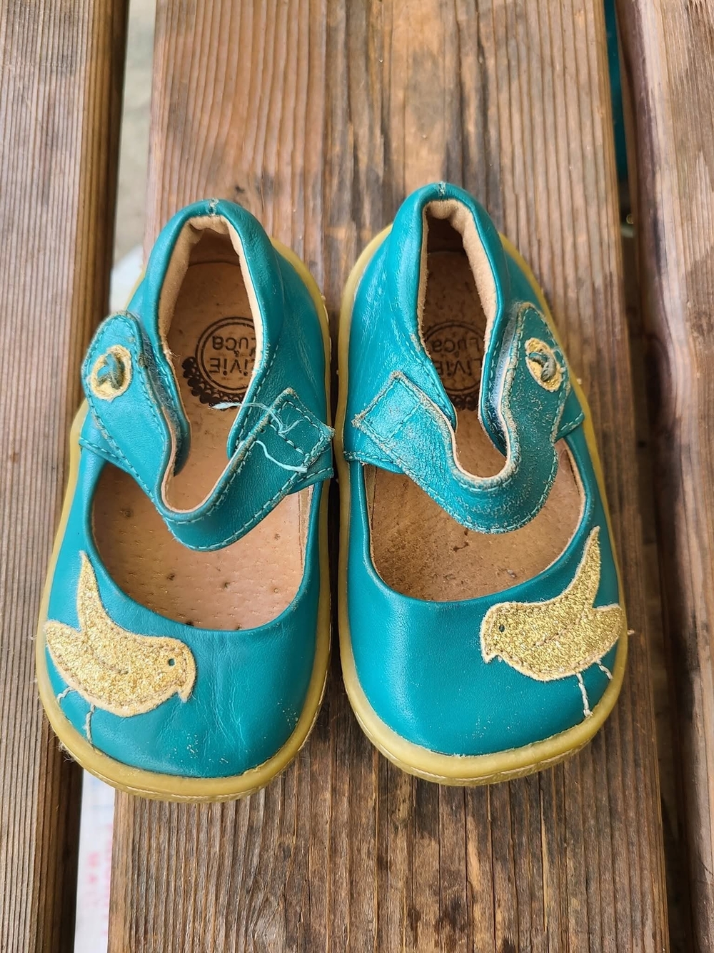 LIVIE + LUCA SZ 4C GUC (minor wear on heel) TEAL w/ GOLD glitter BIRD Shoes